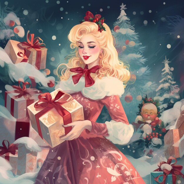 there is a woman in a red dress holding a present in a snowy forest generative ai