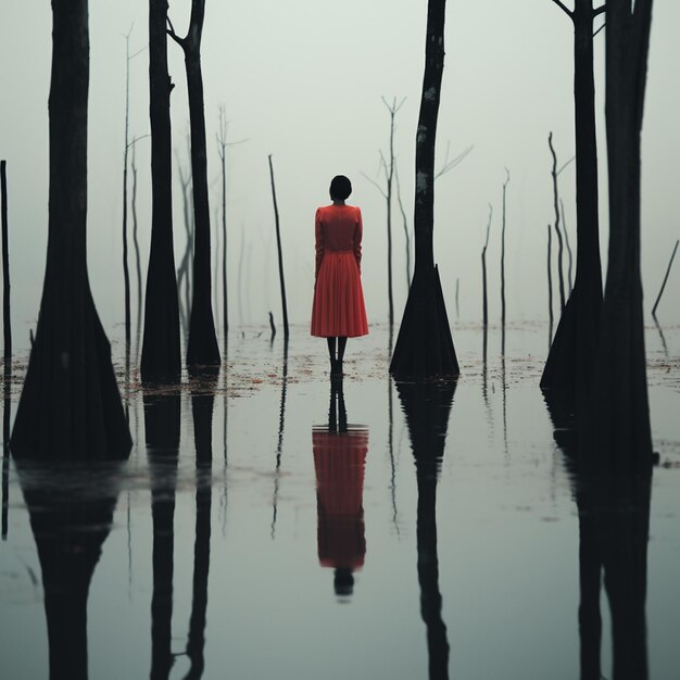 there is a woman in a red dress standing in a swamp generative ai