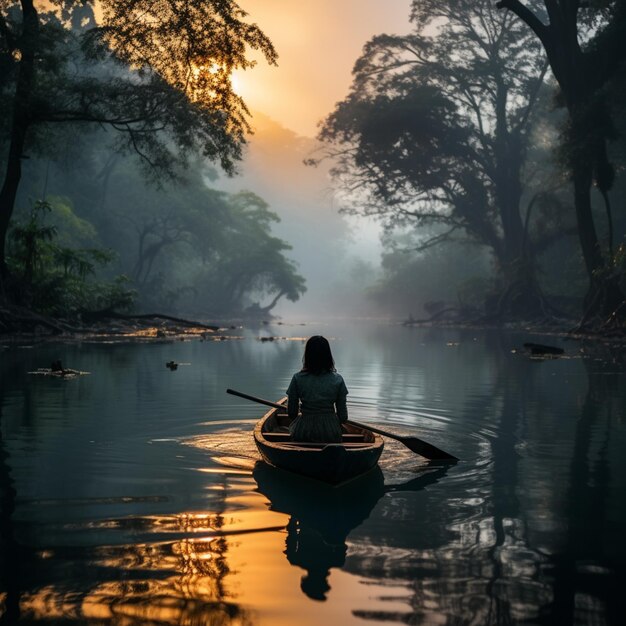 夕暮れの川でボートを漕ぐ女性がいます