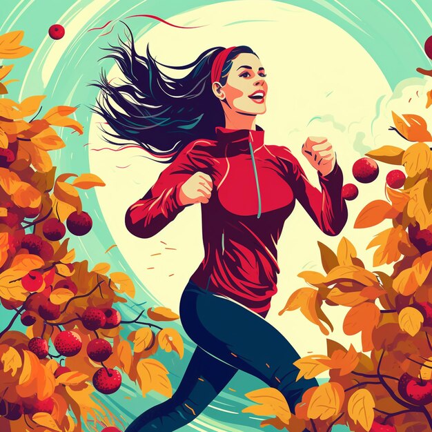 There is a woman running through an apple tree with apples generative ai