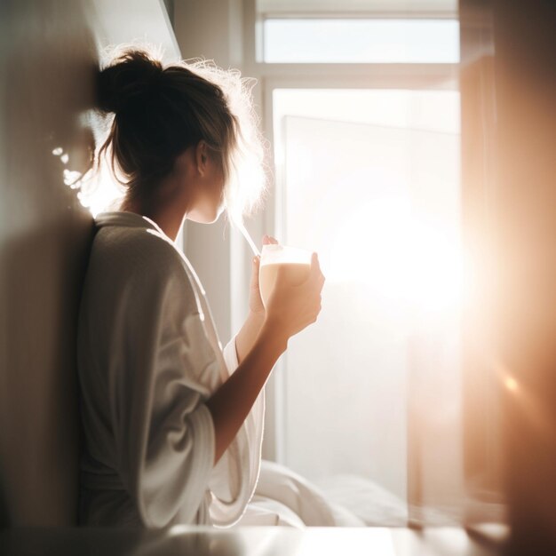 Photo there is a woman sitting on a bed drinking a cup of coffee generative ai