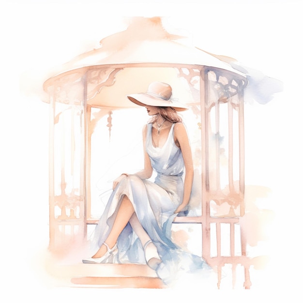 There is a woman sitting on a bench in a white dress and hat generative ai