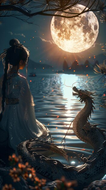 there is a woman sitting on a boat with a dragon in the water generative ai