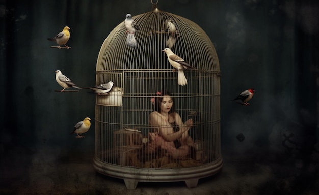 There is a woman sitting in a cage with birds flying around generative ai