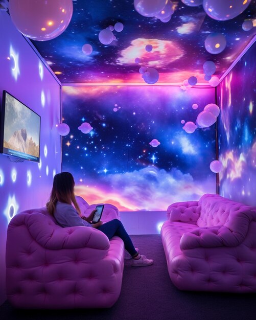 There is a woman sitting on a couch in a room with a mural on the ceiling generative ai