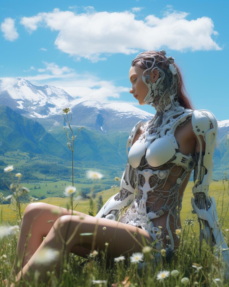 Photo there is a woman sitting in a field with a robot on her back generative ai