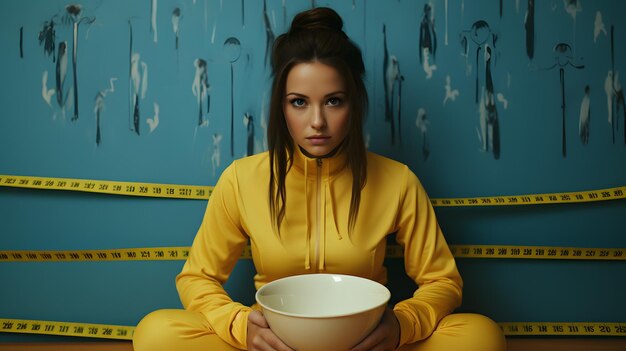 Photo there is a woman sitting on the floor holding a bowl generative ai