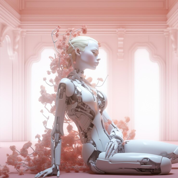 Photo 床にロボットを抱いて座っている女性がいます