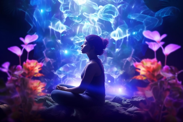 There is a woman sitting in a flower garden with a glowing light generative ai