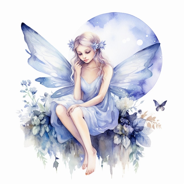 there is a woman sitting on a flowery hill with a fairy wings generative ai