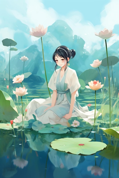 there is a woman sitting on a lily covered lake with water lilies generative ai