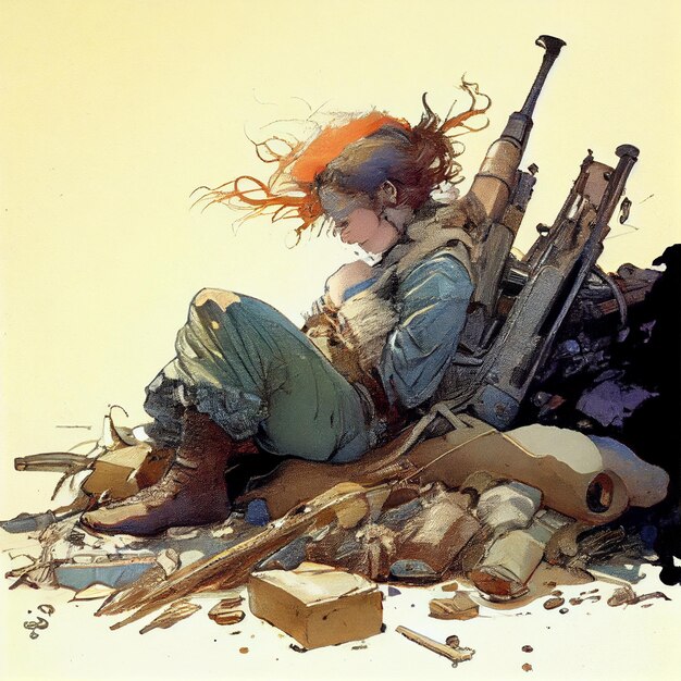 there is a woman sitting on a pile of rubble with a gun generative ai