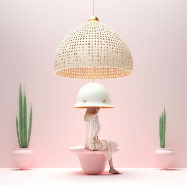 there is a woman sitting on a pink bowl with a lamp above her head generative ai