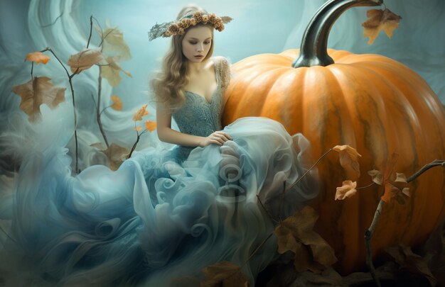 There is a woman sitting on a pumpkin with a dress on generative ai