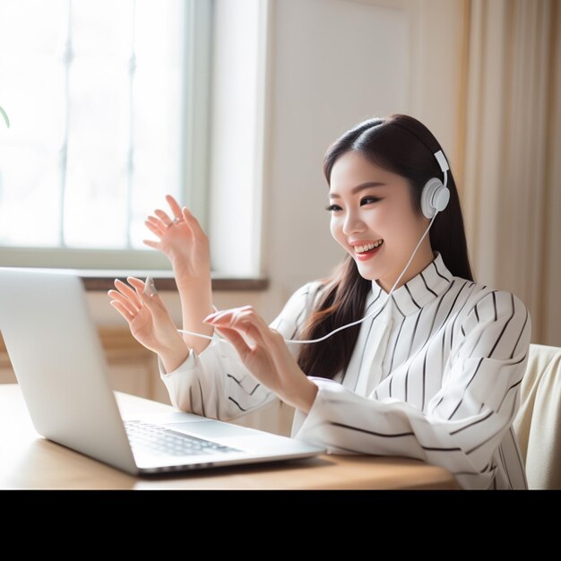 ラップトップとヘッドフォンを持ったテーブルに座っている女性がいます