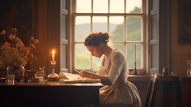 There is a woman sitting at a table writing a book generative ai