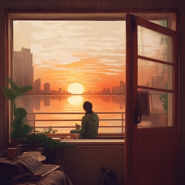 There is a woman sitting at a window looking out at the sunset generative ai