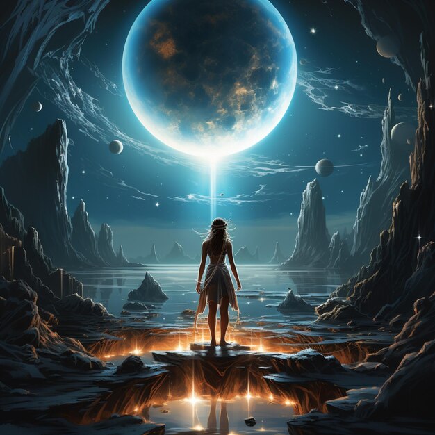 There is a woman standing in a cave looking at the moon generative ai