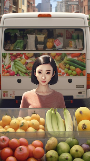 果物や野菜の生成 AI のディスプレイの後ろに立っている女性がいます