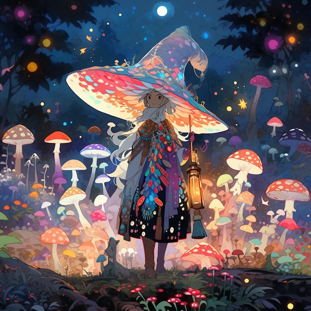 There is a woman standing in a field of mushrooms with a hat on generative ai