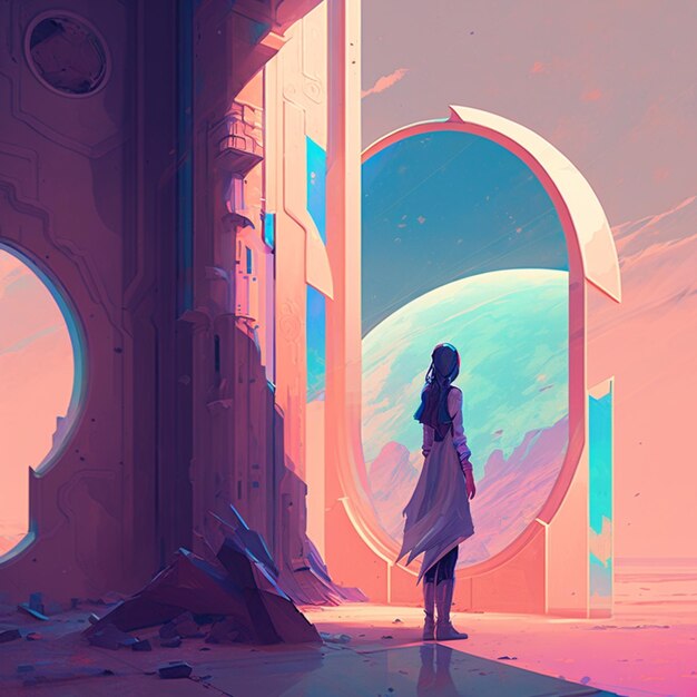 There is a woman standing in front of a doorway with a planet in the background generative ai