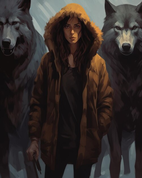 There is a woman standing in front of three wolfs generative ai