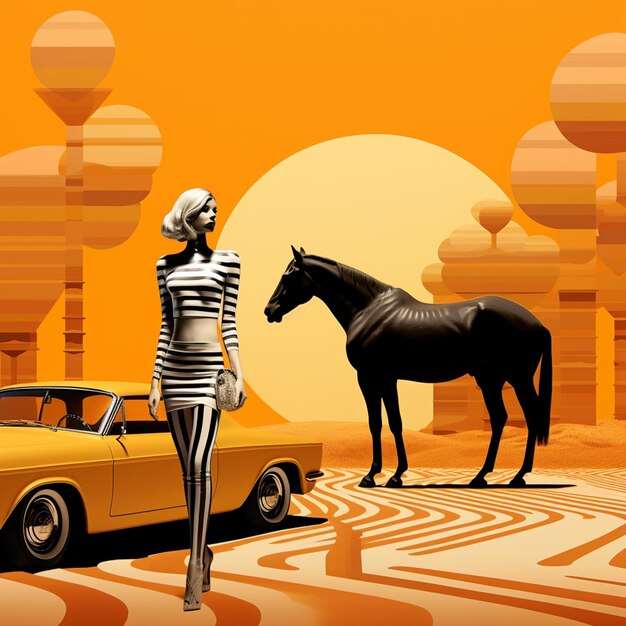 There is a woman standing next to a horse in a desert generative ai