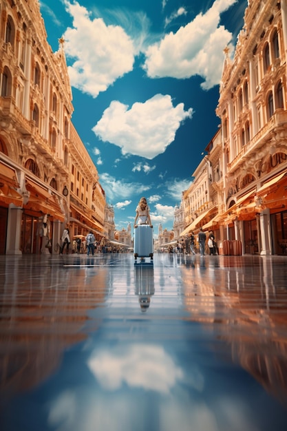 there is a woman standing in a large empty shopping mall generative ai