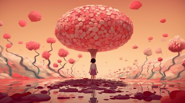 there is a woman standing under a large pink tree generative ai