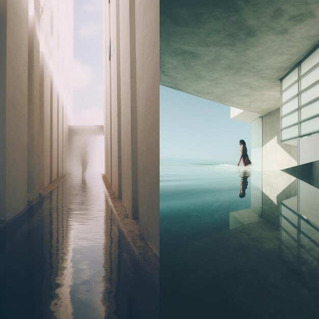 Photo there is a woman standing in a long hallway by the water generative ai