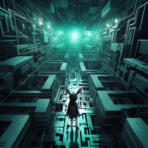 There is a woman standing in a maze with a green light generative ai