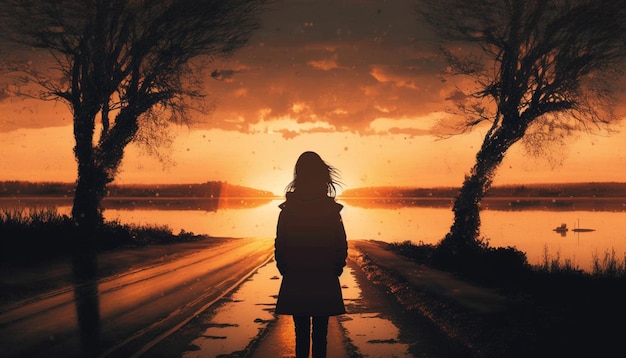 There is a woman standing on a road with a sunset in the background generative ai