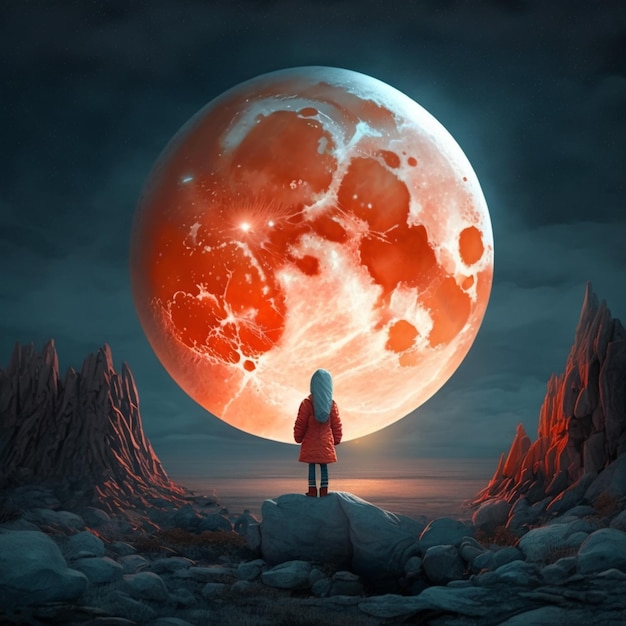 There is a woman standing on a rock looking at the moon generative ai