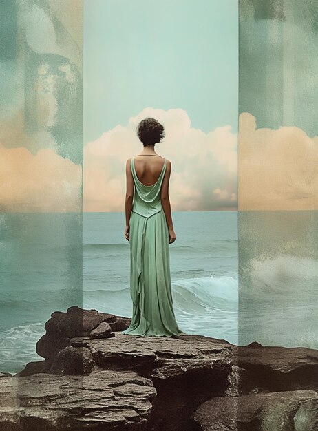 Foto c'è una donna in piedi su una roccia che guarda l'oceano generativo ai