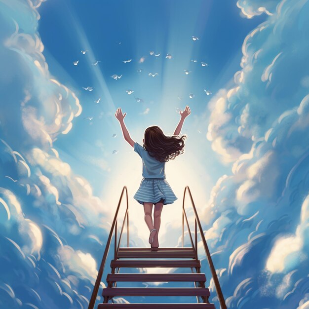 Photo there is a woman standing on a set of stairs in the sky generative ai