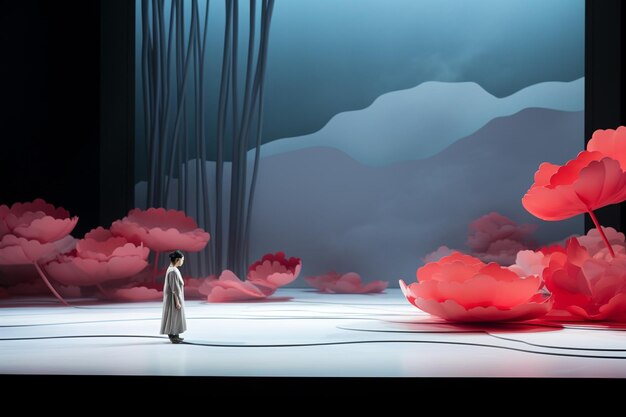 there is a woman standing in a stage with a red flower generative ai