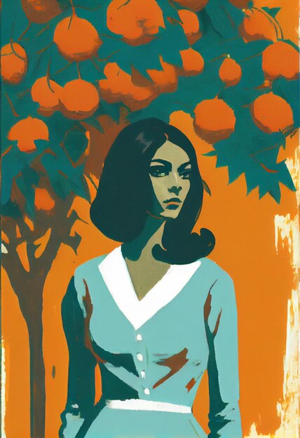 Photo there is a woman standing under a tree with oranges in the background generative ai