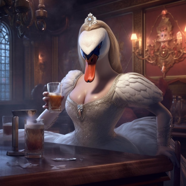 there is a woman in a swan costume sitting at a table with a drink generative ai