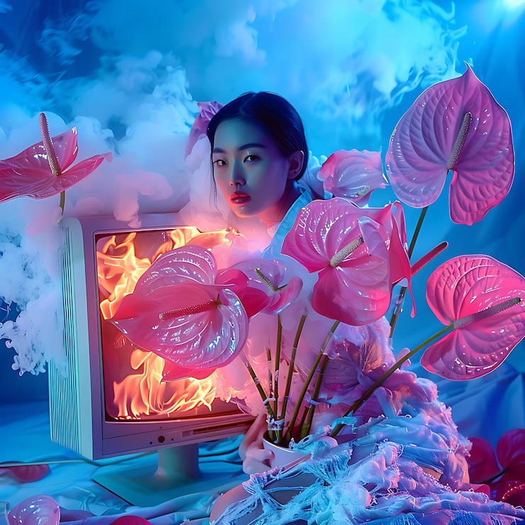Photo tv 앞에 앉아있는 여자가 있습니다.