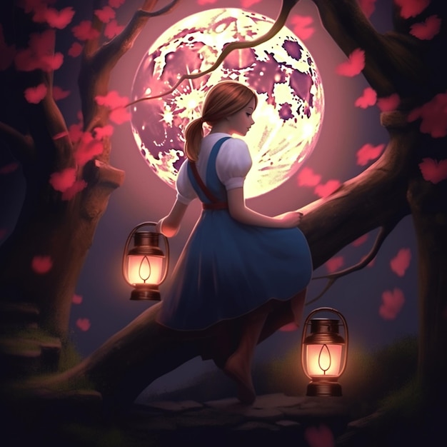 There is a woman that is sitting on a tree branch with lanterns generative ai