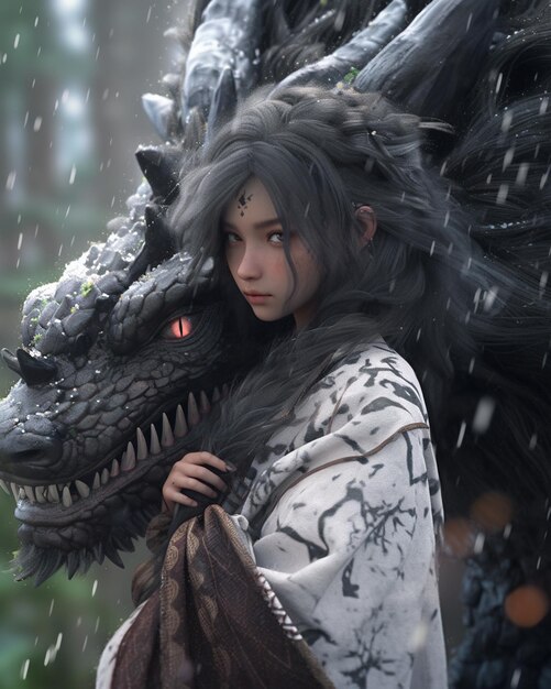 Photo there is a woman that is standing next to a dragon generative ai