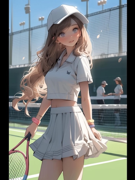 テニスコートに立つ女性がいる 生成AI