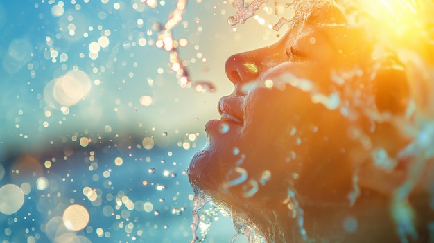 水の噴水の下に立っている女性がいます