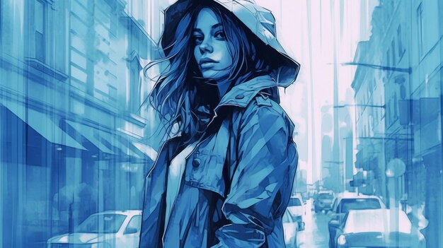 There is a woman walking down the street in a raincoat generative ai