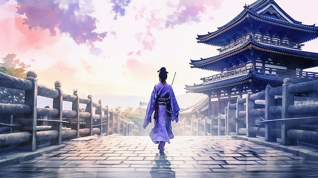 There is a woman walking down a walkway in a purple kimono generative ai