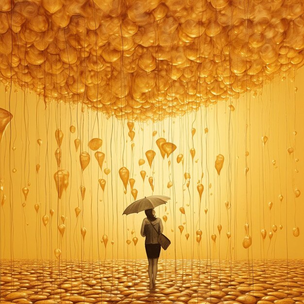 There is a woman walking under a large umbrella in a room with balloons generative ai