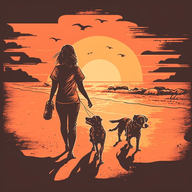 There is a woman walking two dogs on the beach at sunset generative ai