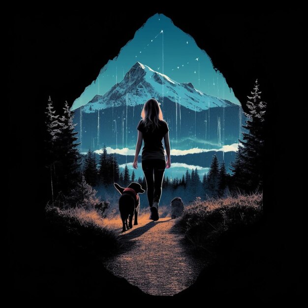 There is a woman walking with a dog on a trail generative ai