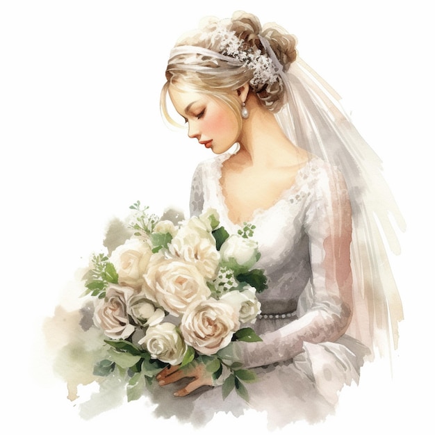 Photo there is a woman in a wedding dress holding a bouquet of flowers generative ai
