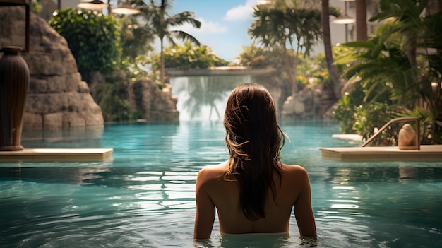 there is a woman in a white bikini sitting in a pool Generative AI